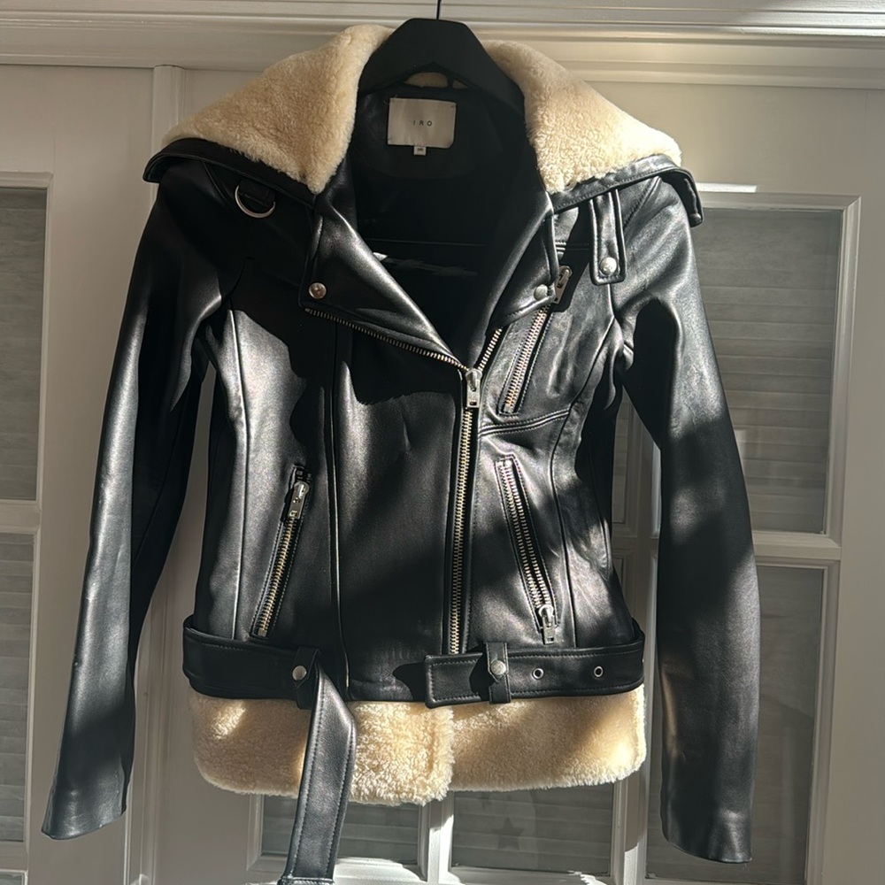 IRO Kohlia Leather and Shearling Moto Jacket Black with Ivory size 36